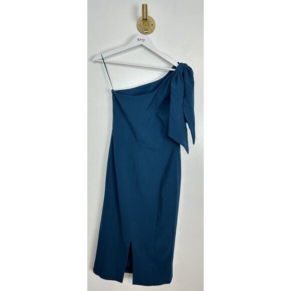 DRESS THE POPULATION Tiffany One-Shoulder Midi Dress in Peacock Blue Size Medium - Picture 9 of 12
